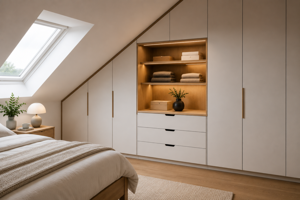 Maßgefertigter Einbauschrank im Schlafzimmer mit deckenhoher Front, integrierten Schubladen und passgenauer Anpassung an den Raum.