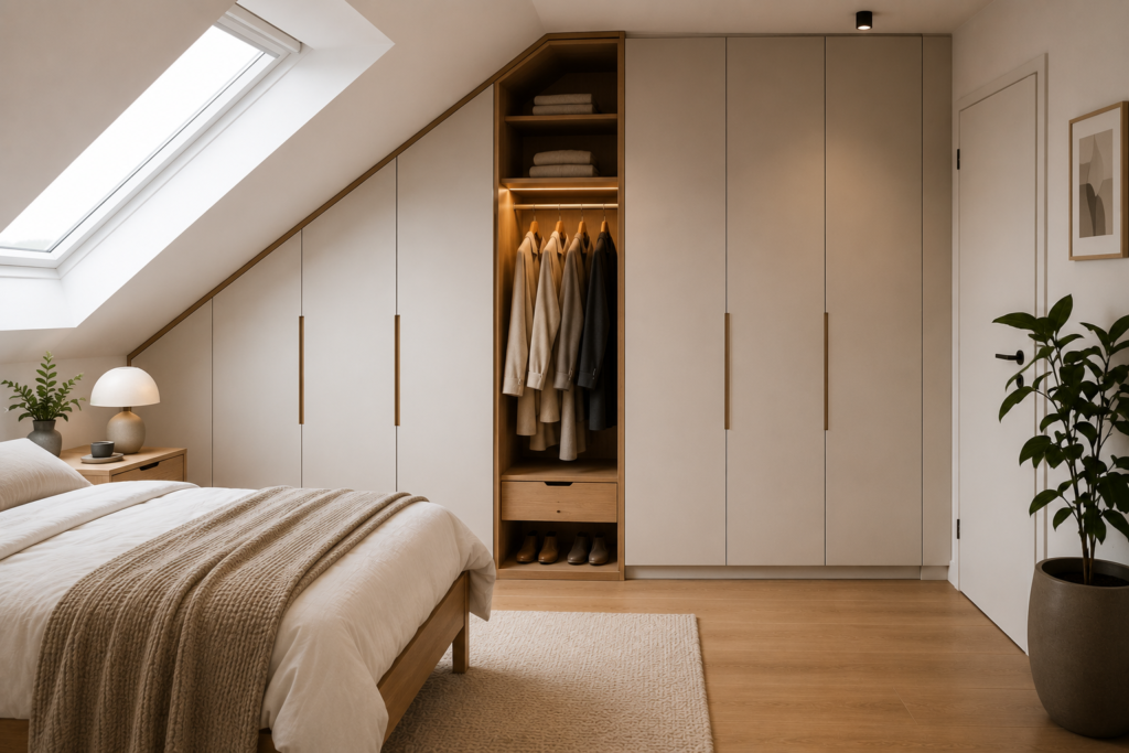 Maßgefertigter Einbauschrank unter einer Dachschräge mit integriertem Stauraum, offenen Fächern und heller Holzoptik.