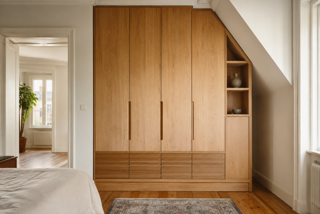 Maßgefertigter Einbauschrank aus Holz in einer hellen Wohnnische