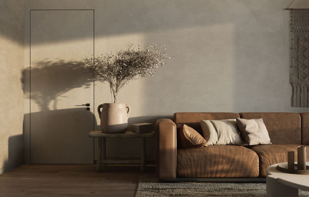 Vase, Sideboard, und Couch in zeitloser Komposition